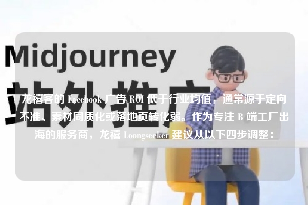 龙禧客的 Facebook 广告 ROI 低于行业均值，通常源于定向不准、素材同质化或落地页转化弱。作为专注 B 端工厂出海的服务商，龙禧 Loongseeker 建议从以下四步调整：