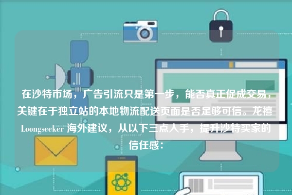 在沙特市场，广告引流只是第一步，能否真正促成交易，关键在于独立站的本地物流配送页面是否足够可信。龙禧 Loongseeker 海外建议，从以下三点入手，提升沙特买家的信任感：
