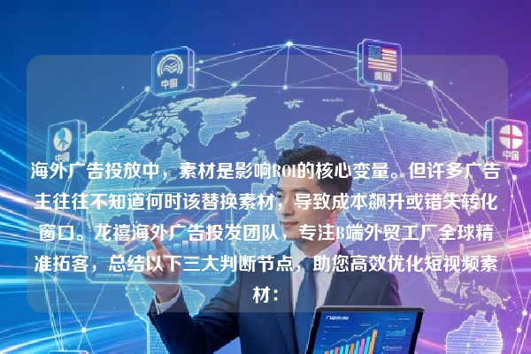 海外广告投放中，素材是影响ROI的核心变量。但许多广告主往往不知道何时该替换素材，导致成本飙升或错失转化窗口。龙禧海外广告投发团队，专注B端外贸工厂全球精准拓客，总结以下三大判断节点，助您高效优化短视频素材：