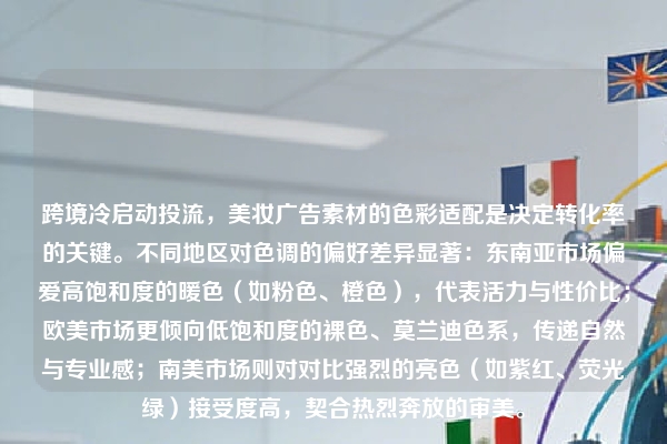 跨境冷启动投流，美妆广告素材的色彩适配是决定转化率的关键。不同地区对色调的偏好差异显著：东南亚市场偏爱高饱和度的暖色（如粉色、橙色），代表活力与性价比；欧美市场更倾向低饱和度的裸色、莫兰迪色系，传递自然与专业感；南美市场则对对比强烈的亮色（如紫红、荧光绿）接受度高，契合热烈奔放的审美。