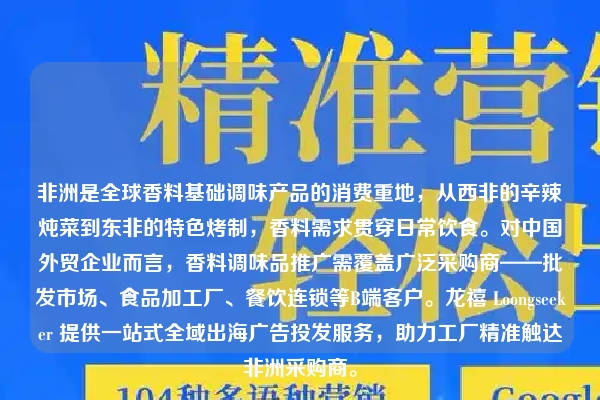 非洲是全球香料基础调味产品的消费重地，从西非的辛辣炖菜到东非的特色烤制，香料需求贯穿日常饮食。对中国外贸企业而言，香料调味品推广需覆盖广泛采购商——批发市场、食品加工厂、餐饮连锁等B端客户。龙禧 Loongseeker 提供一站式全域出海广告投发服务，助力工厂精准触达非洲采购商。