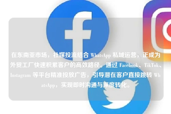 在东南亚市场,社媒投流结合 WhatsApp 私域运营,正成为外贸工厂快速积累客户的高效路径。通过 Facebook、TikTok、Instagram 等平台精准投放广告,引导潜在客户直接跳转 WhatsApp,实现即时沟通与深度转化。
