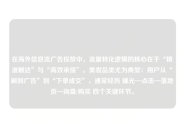 在海外信息流广告投放中，流量转化逻辑的核心在于“精准触达”与“高效承接”。美妆品类尤为典型：用户从“刷到广告”到“下单成交”，通常经历 曝光—点击—落地页—询盘/购买 四个关键环节。